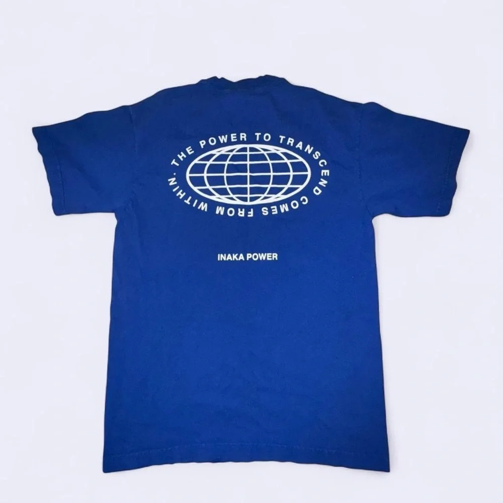 Inaka Power Blue Graphic T-Shirt Small Globe Logo Front Back Streetwear Tee - Picture 4 of 4